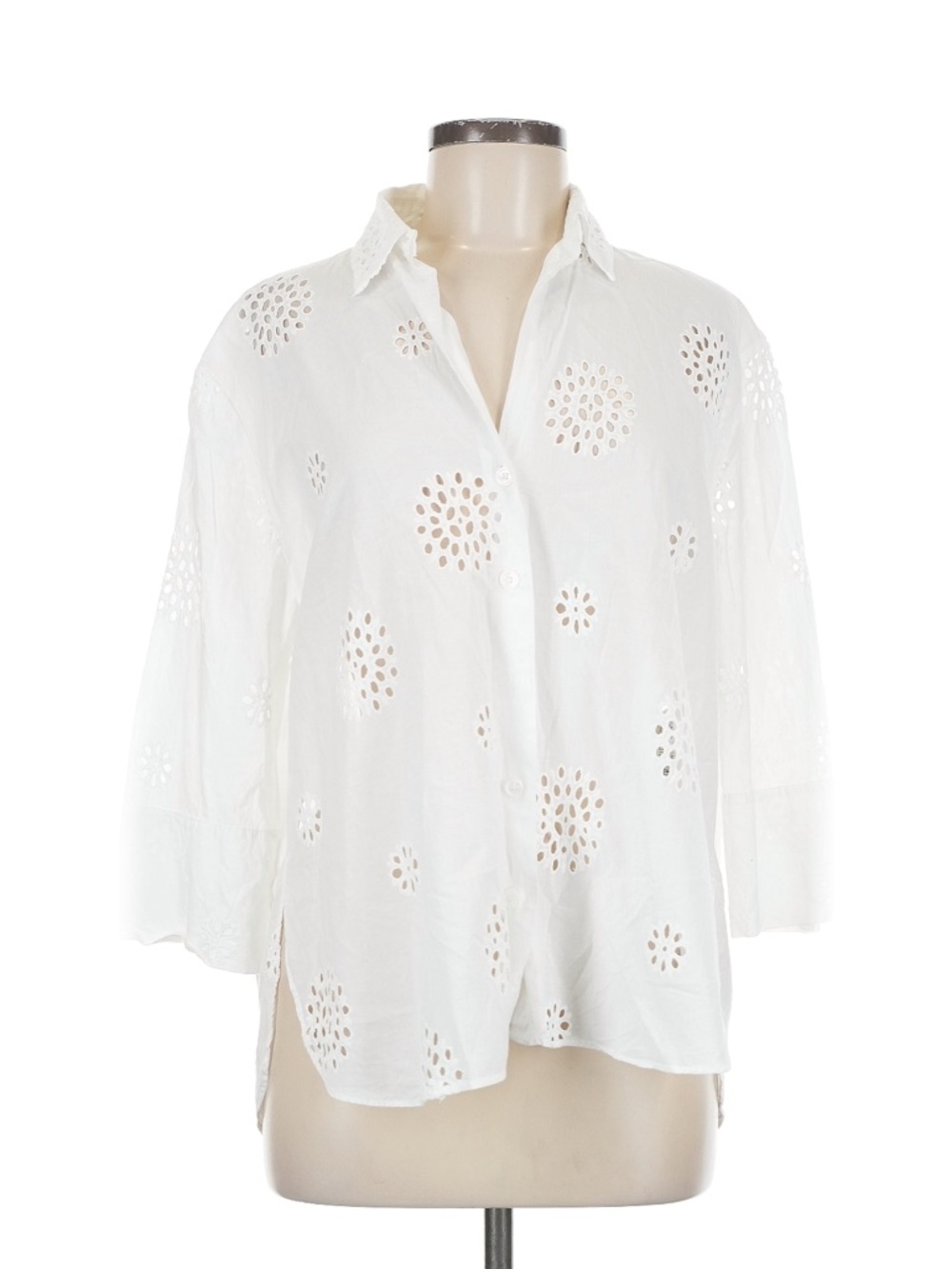Women’s White Eyelet Cut Out Button-Up Collared Shirt Top Side Medium - Picture 2 of 11